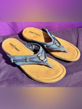 Minnetonka Blue Suede Braided Thong Sandals with Silver Accents